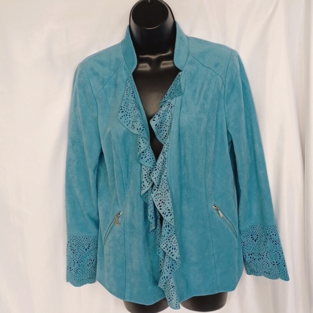 Chico’s Turquoise Blue Faux Suede Eyelet Open Blazer, Sz 0 (4), 18" Ptp